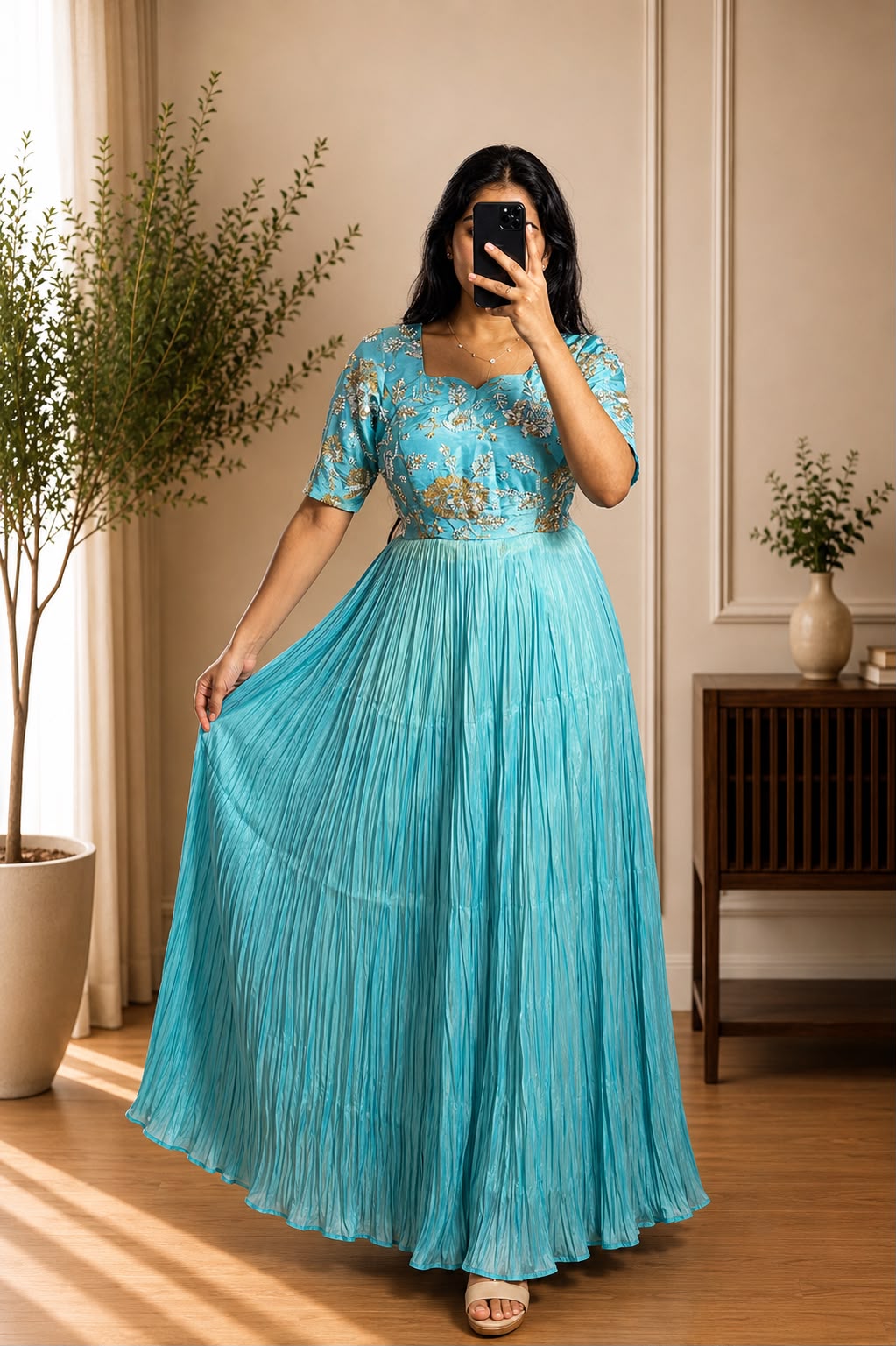 Sky Blue Shimmer Tissue Floral Zari Embroidered Pleated Anarkali frock