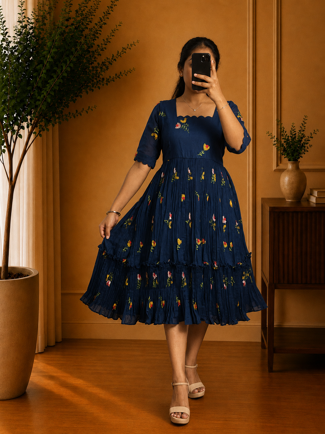Boutique Stitched Navy Blue Floral Embroidered Iron Pleated Mul Chanderi Frock
