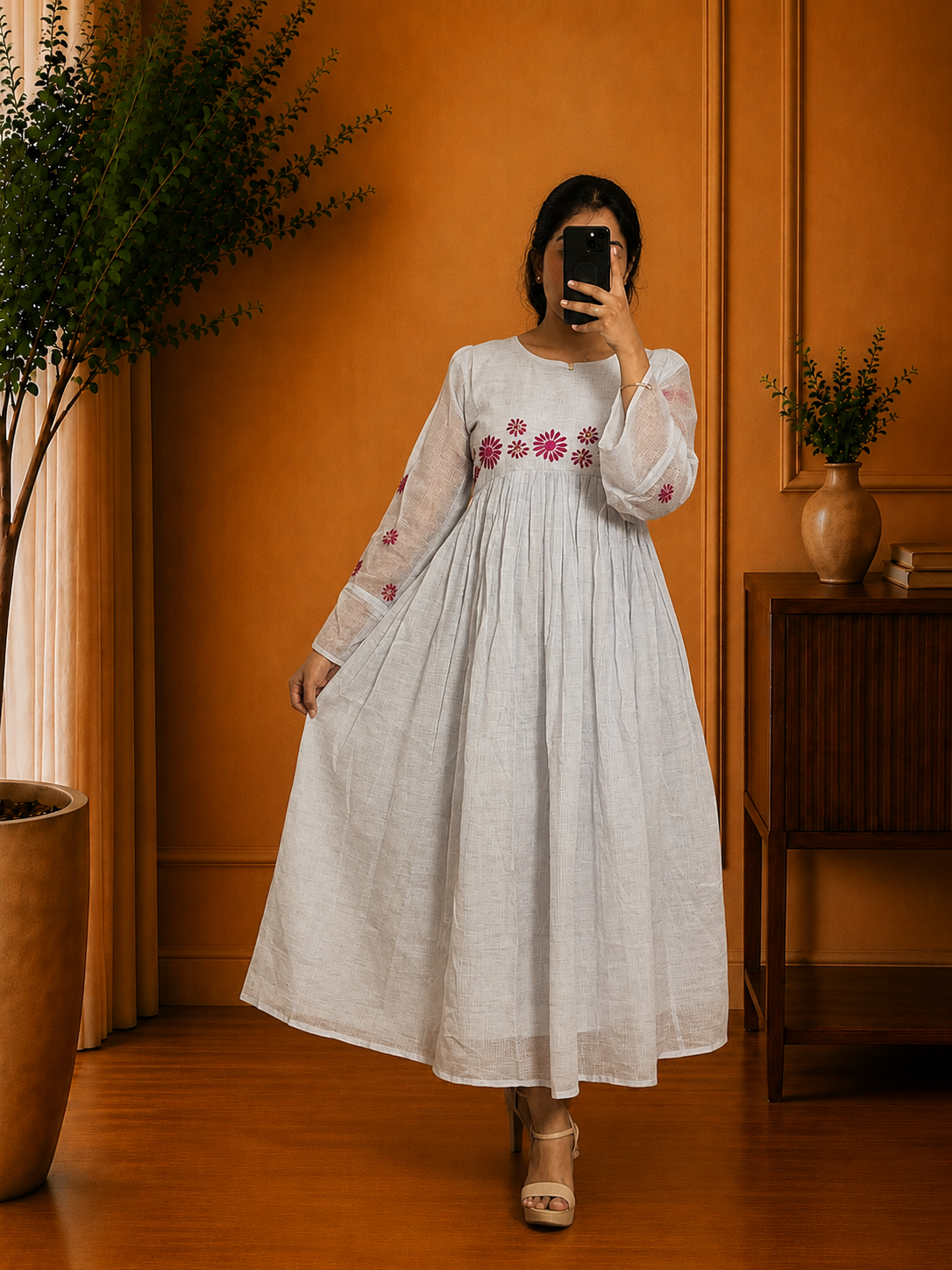 White & Blue Checked Kota Floral Embroidered Frock