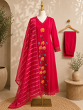 Fuchsia Pink Floral Embroidered Straight Kurta Set with Organza Dupatta ✨🌸