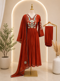 Rust Red Embroidered Chinnon Anarkali Suit Set with Dupatta ❤️✨