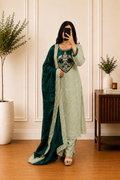 Emerald Green Shimmer Bird Motif Zari Embroidered Straight Suit Set