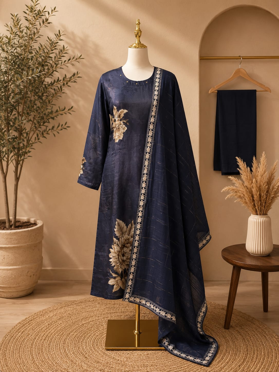 Navy Blue Chanderi Silk Blend Kurta Set with Floral Accents