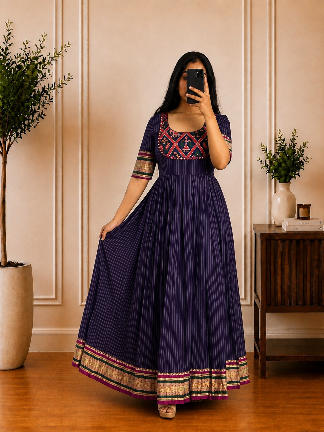 Purple Cotton Frock with Printed Yoke & Border Detail