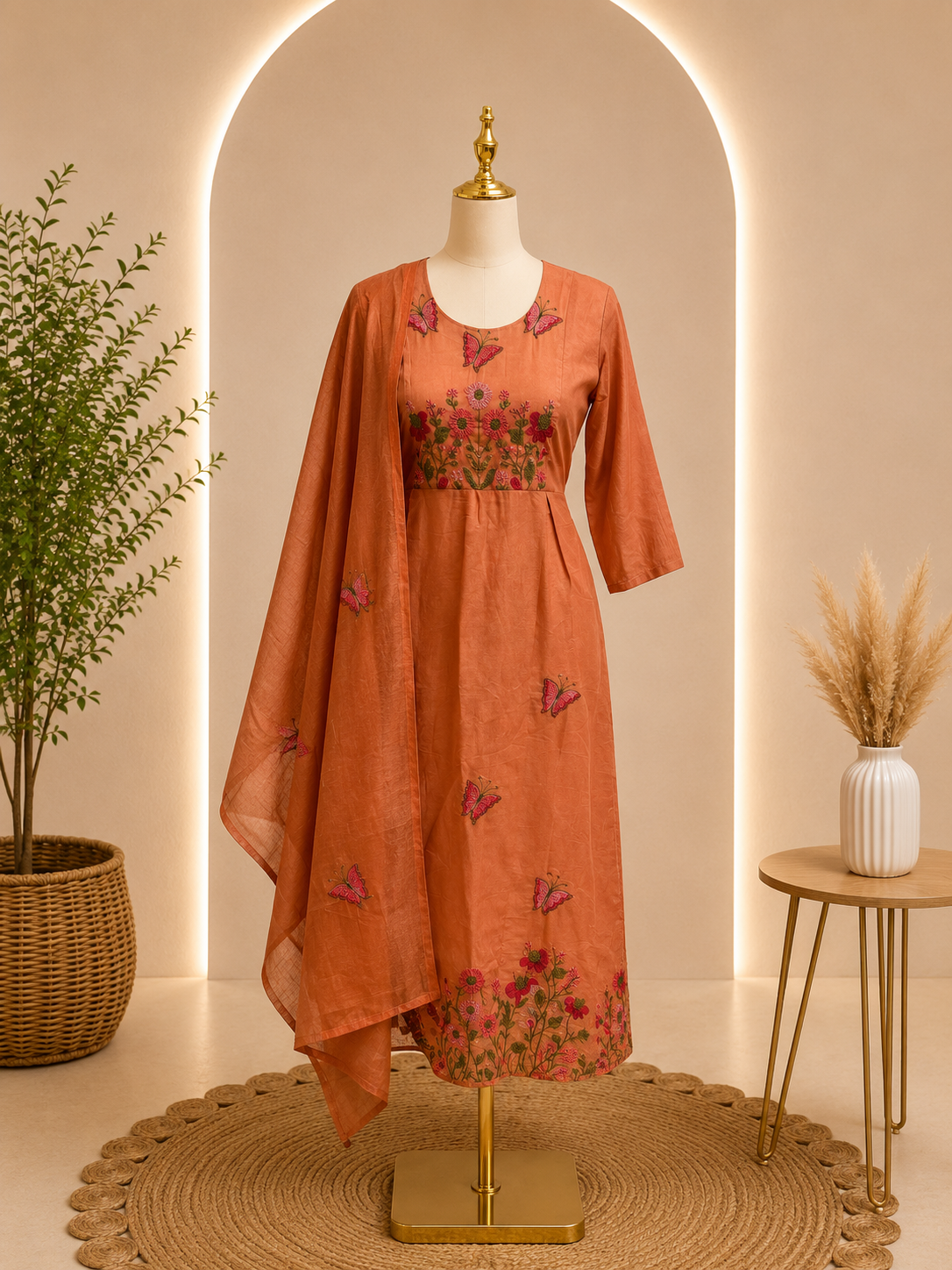✨ Peach Blossom Embroidered Chinnon Suit Set with Dupatta ✨🧡🌸