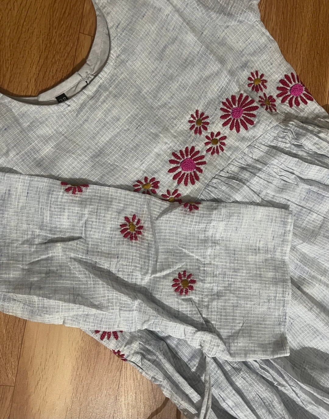 White & Blue Checked Kota Floral Embroidered Frock