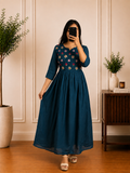 Navy Blue cotton Gown with Intricate Floral Embroidered Yoke & Appliqué Details