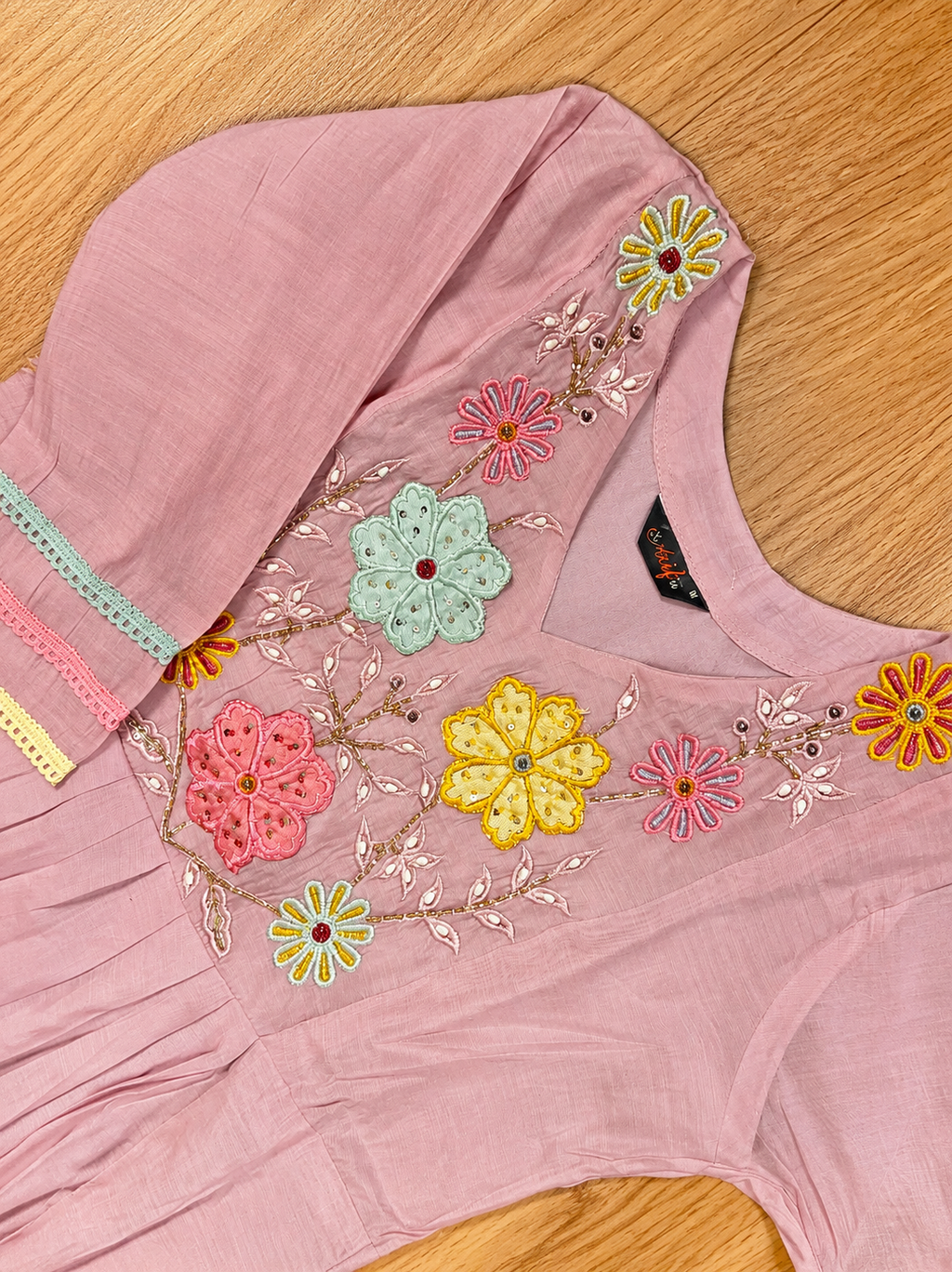 Blush Pink Floral Embroidered Chinnon Anarkali Frock