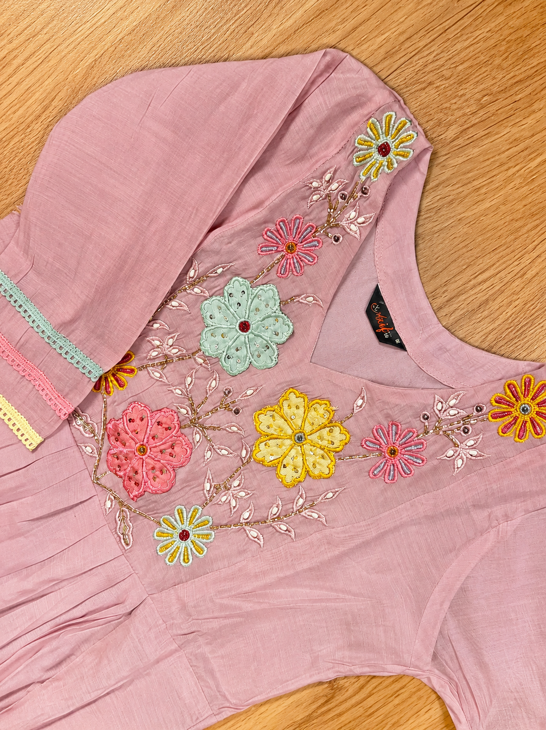 Blush Pink Floral Embroidered Chinnon Anarkali Frock