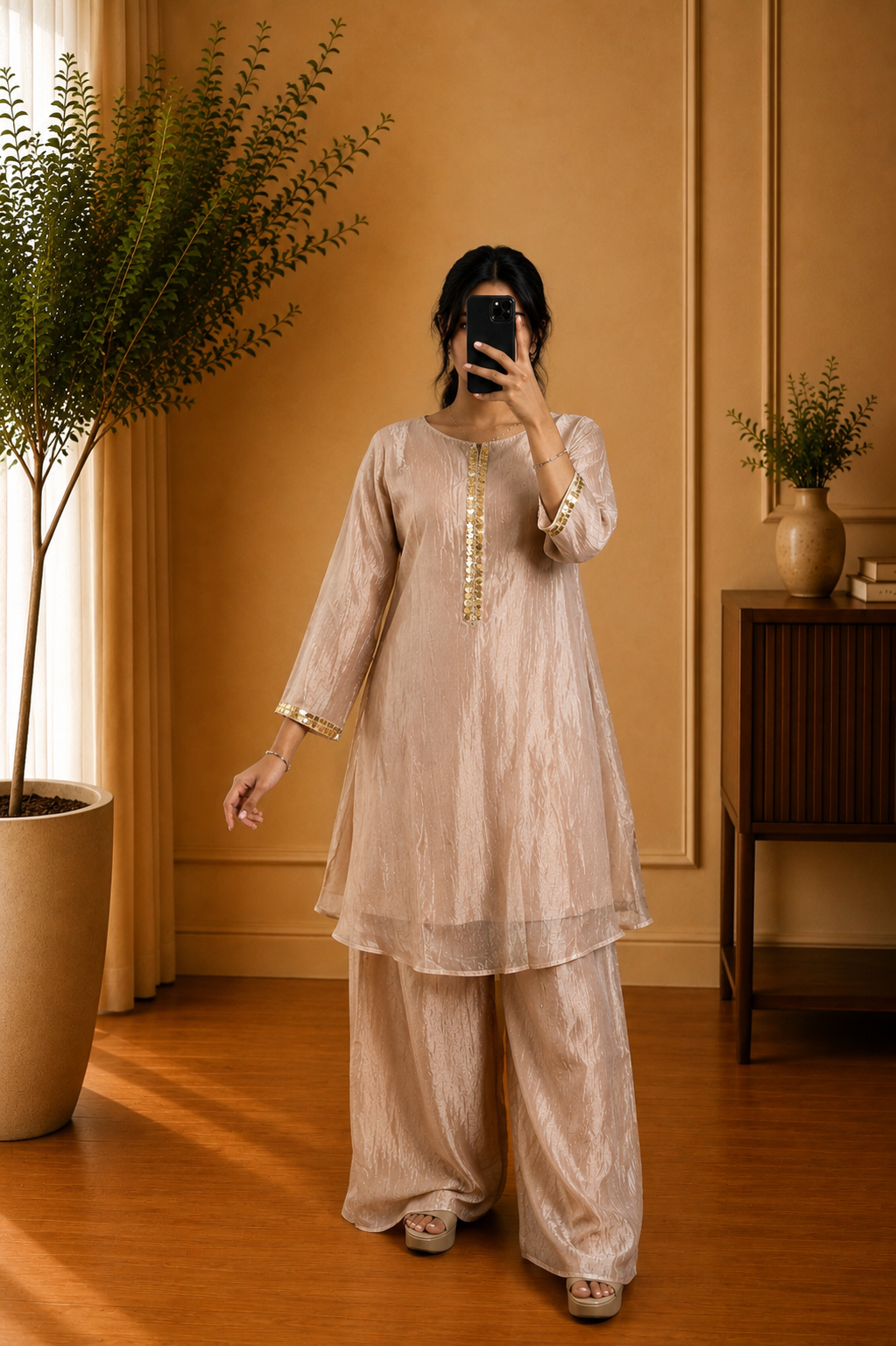 Soft Beige Tissue & Sequin Embellished Kurta Palazzo Set