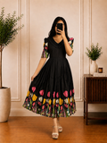 Boutique Stitched Black Floral Embroidered Iron Pleated Kota Frock