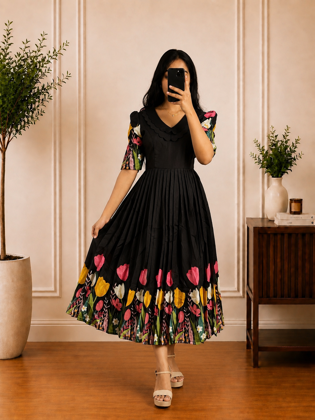 Boutique Stitched Black Floral Embroidered Iron Pleated Kota Frock