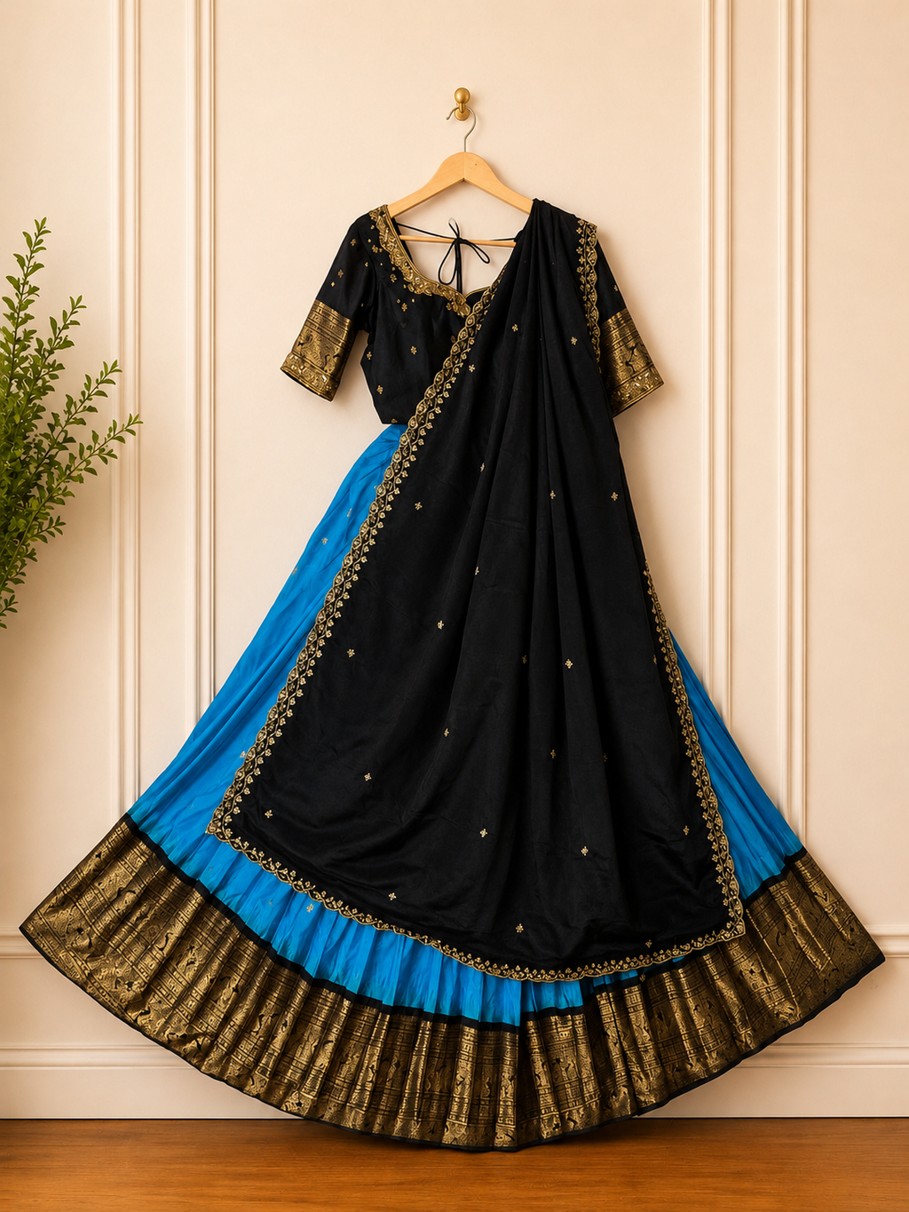 Gadwal Black & Blue Half Saree with Gold Zari Border & Maggam Work Stitched Blouse