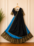 Gadwal Black & Blue Half Saree with Gold Zari Border & Maggam Work Stitched Blouse