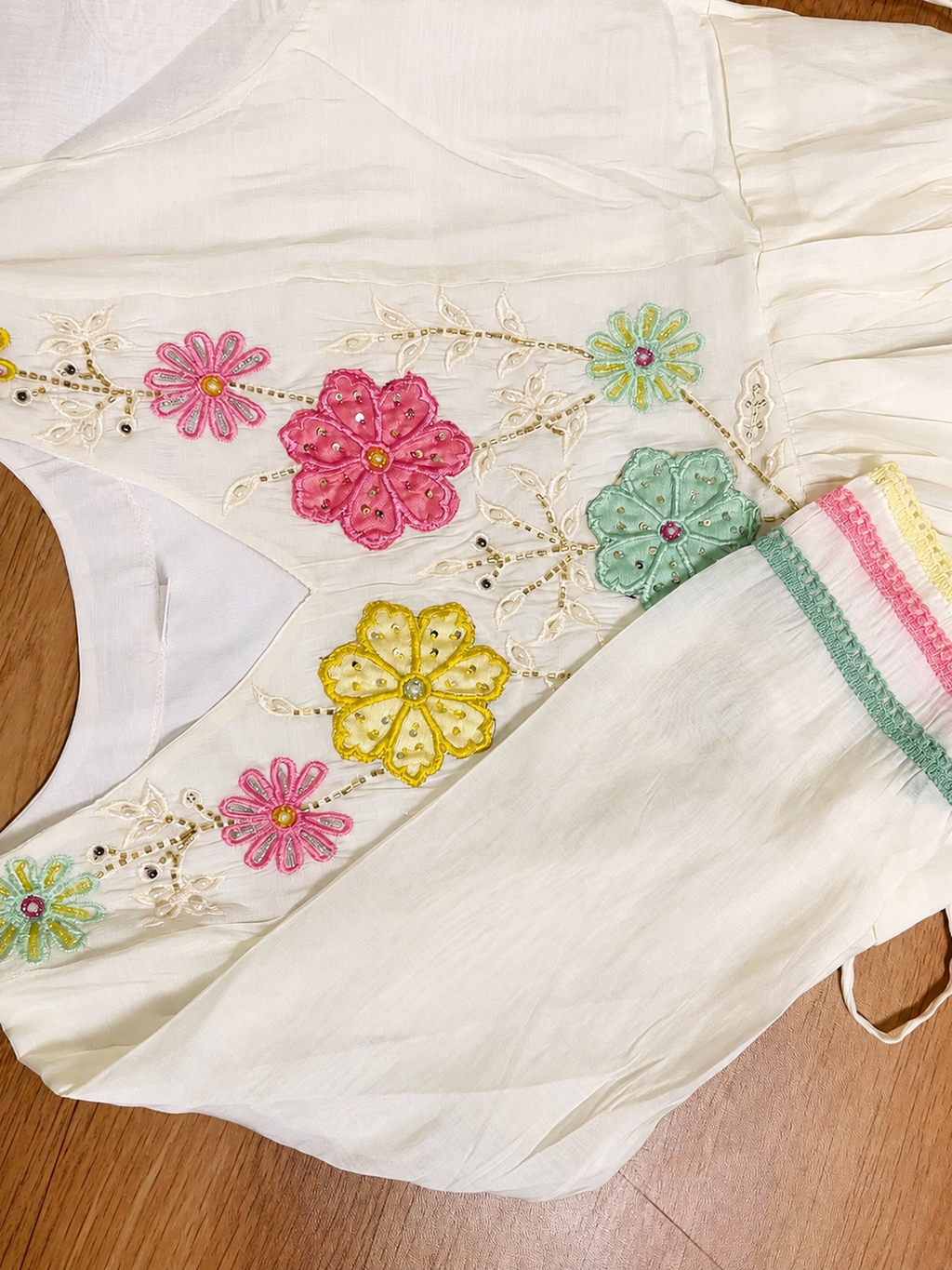 Ivory Floral Embroidered Chinnon Flared Frock