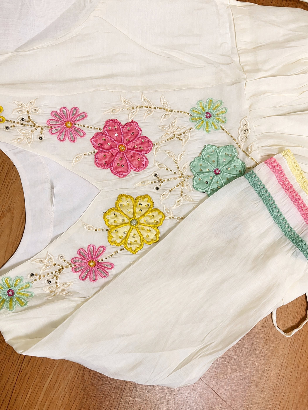 Ivory Floral Embroidered Chinnon Flared Frock