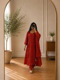 Ruby Red Zari Buti & Kardana Work Suit Set with Tassel Dupatta