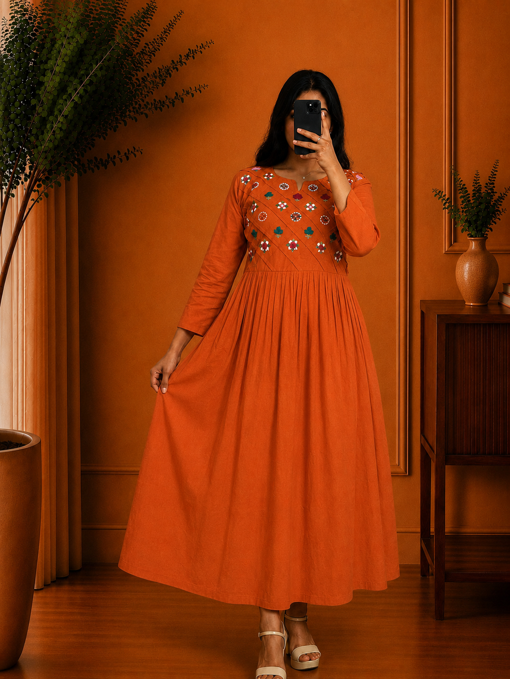 Rust Orange cotton  Gown with Intricate Floral Embroidered Yoke & Appliqué Details