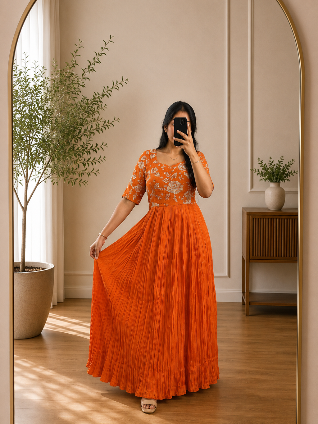 Bright Orange Floral Embroidered Shimmer Tissue Anarkali Frock