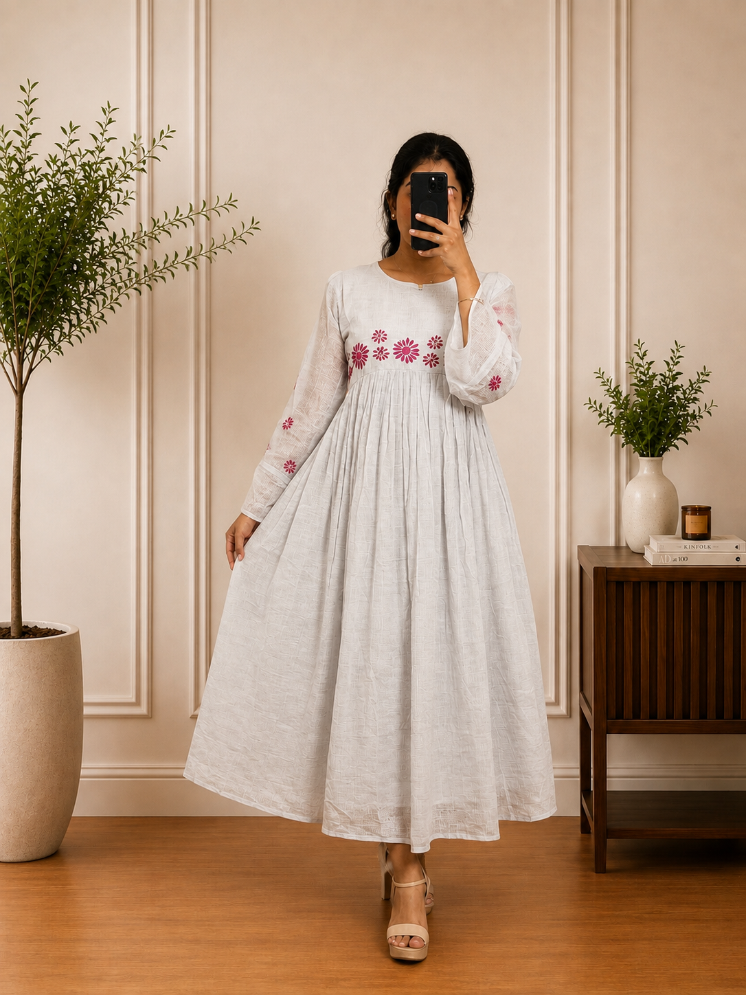White & Blue Checked Kota Floral Embroidered Frock