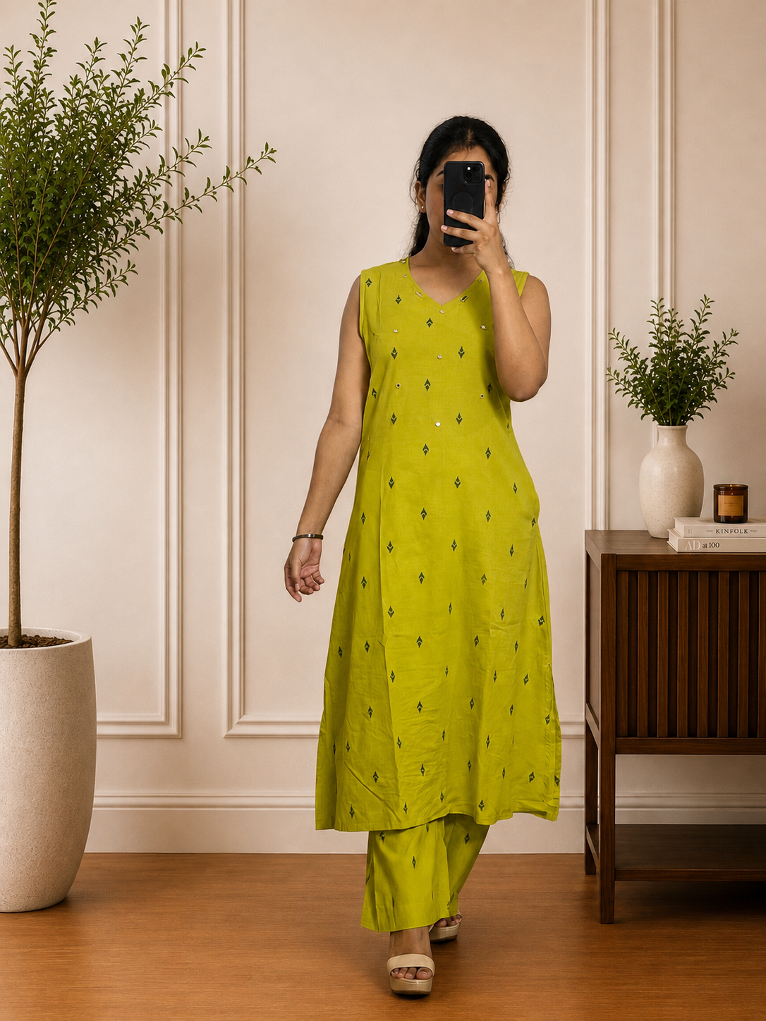 Green Cotton Mirror Work Straight Kurta Set