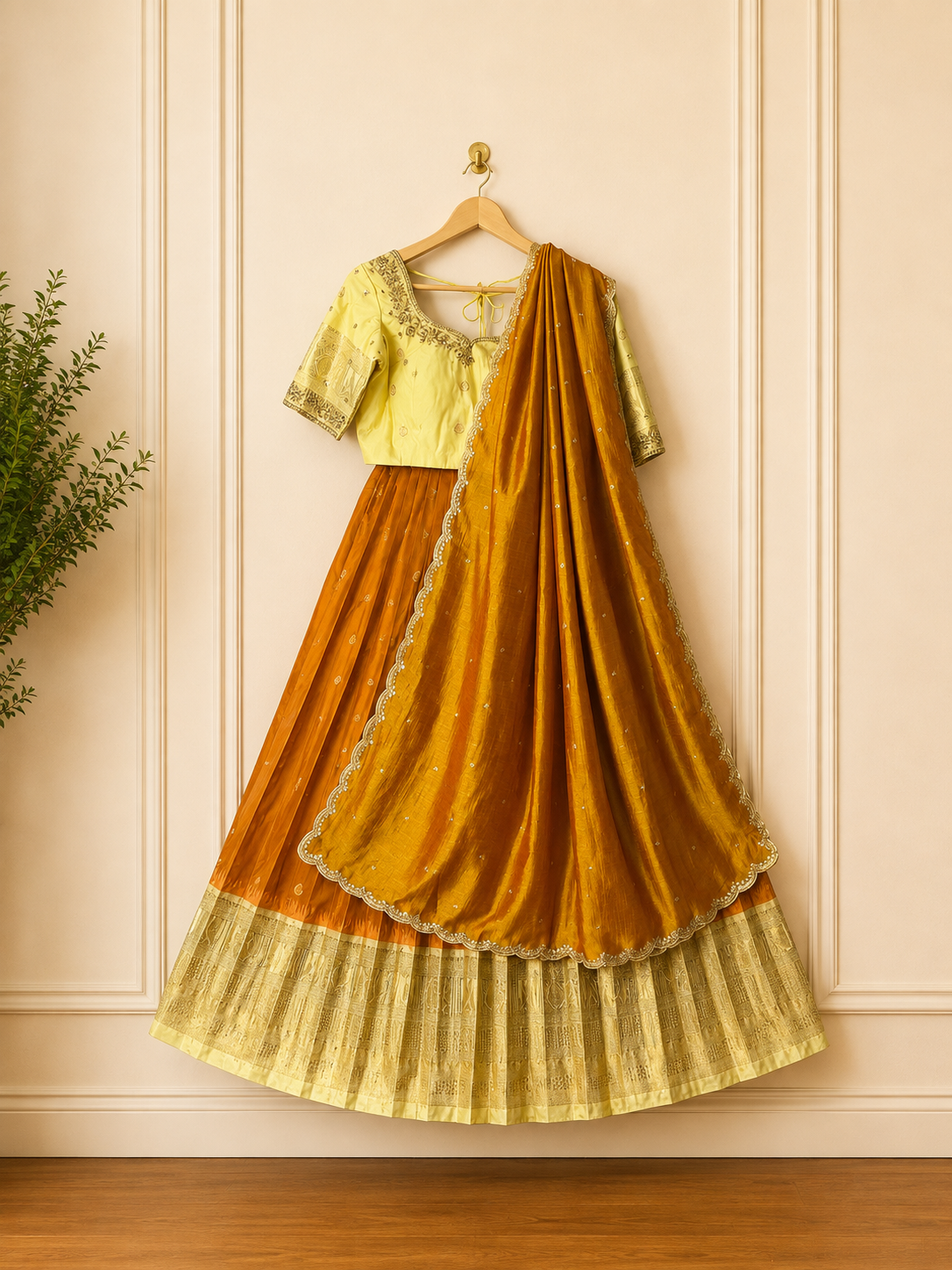 Gadwal Mustard Yellow & Golden Half Saree with Maggam Work Stitched Blouse