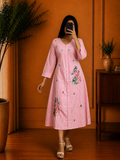 Blush Pink Striped Cotton Dress with Floral Embroidered Appliqué Details