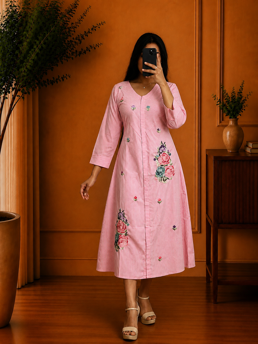 Blush Pink Striped Cotton Dress with Floral Embroidered Appliqué Details