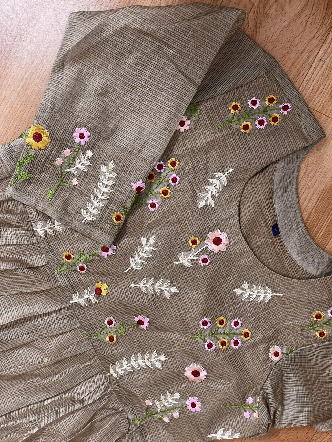 Slate Grey Silk Kota Floral Threadwork Frock
