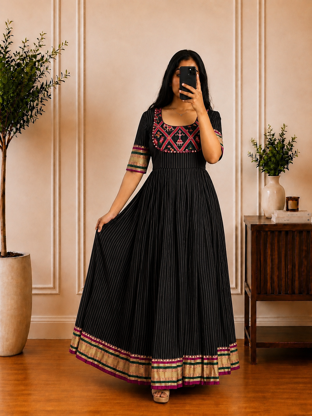 Black Cotton Frock with Printed Yoke & Border Detail