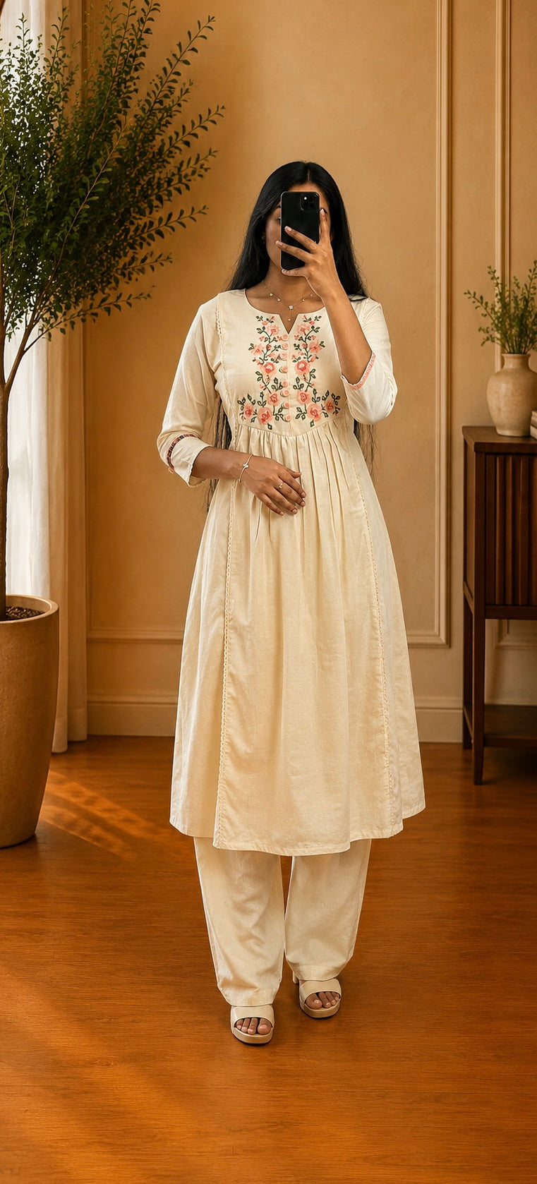 Ivory White Cotton Peach Floral Thread Embroidered A-Line Suit Set