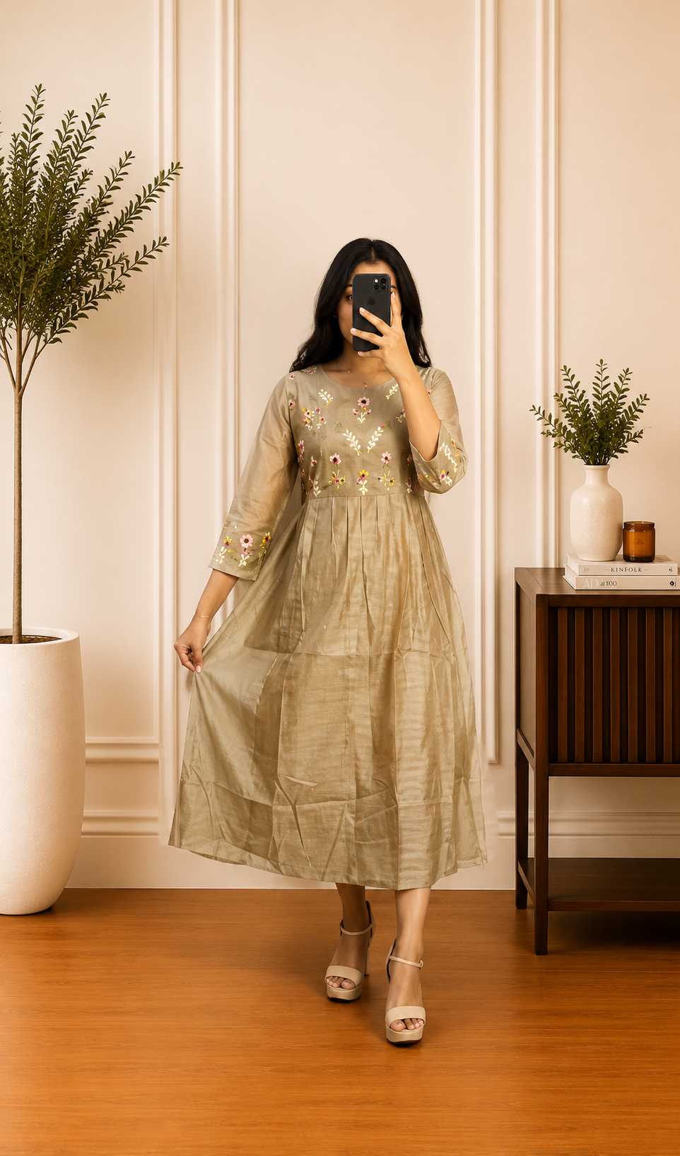Slate Grey Silk Kota Floral Threadwork Frock