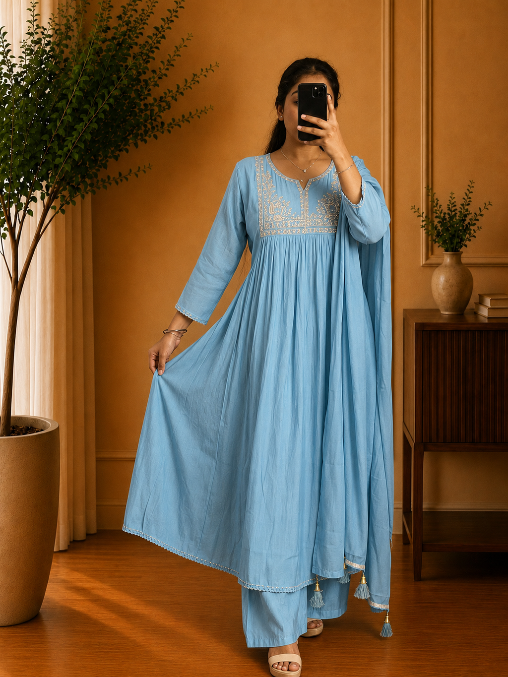 Sky Blue Mul Chandheri Suit Set