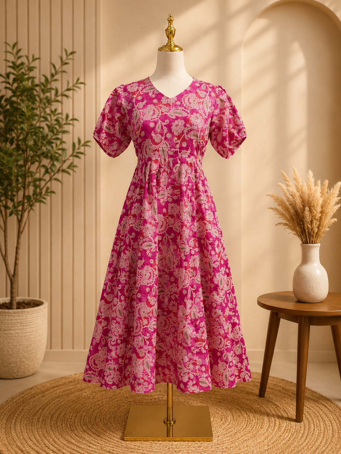 ✨ Rani Pink Floral Printed Cotton Midi Dress ✨