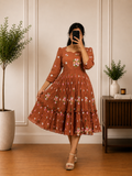 Boutique Stitched Sage Brown Floral Embroidered Iron Pleated Mul Chanderi Frock