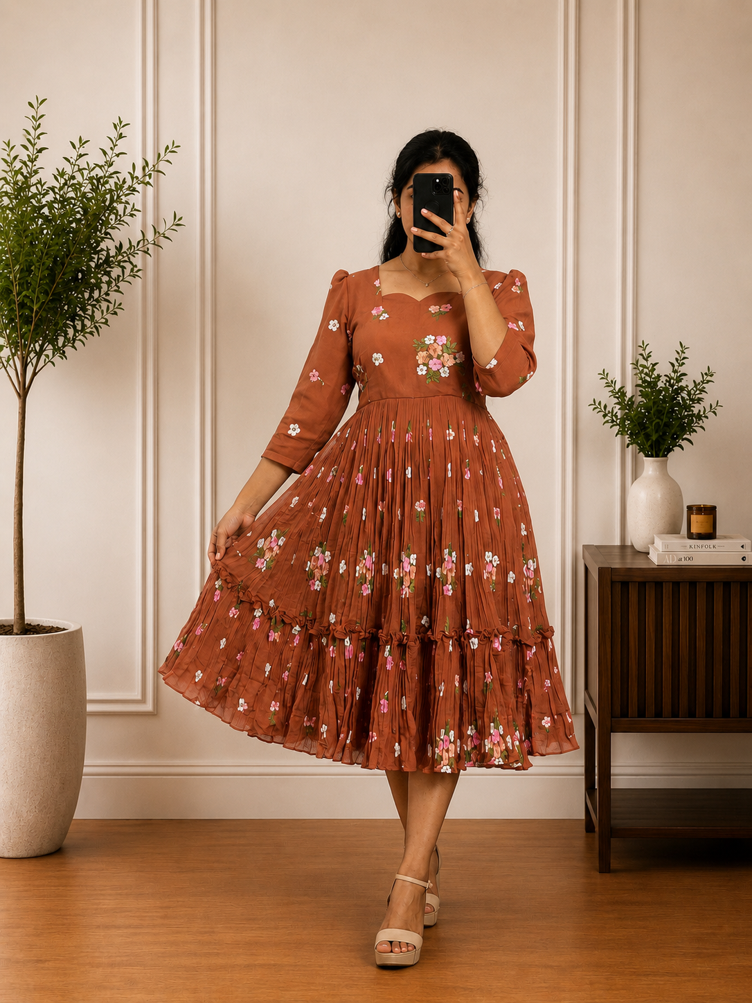 Boutique Stitched Sage Brown Floral Embroidered Iron Pleated Mul Chanderi Frock