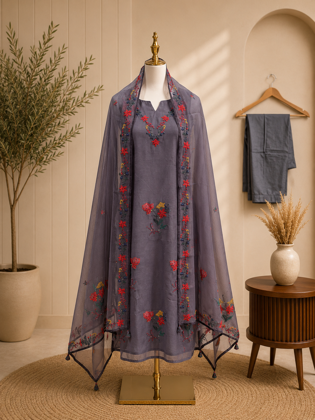 Smoky Slate Floral Embroidered Chinnon Suit Set with Organza Dupatta 🩶🌺