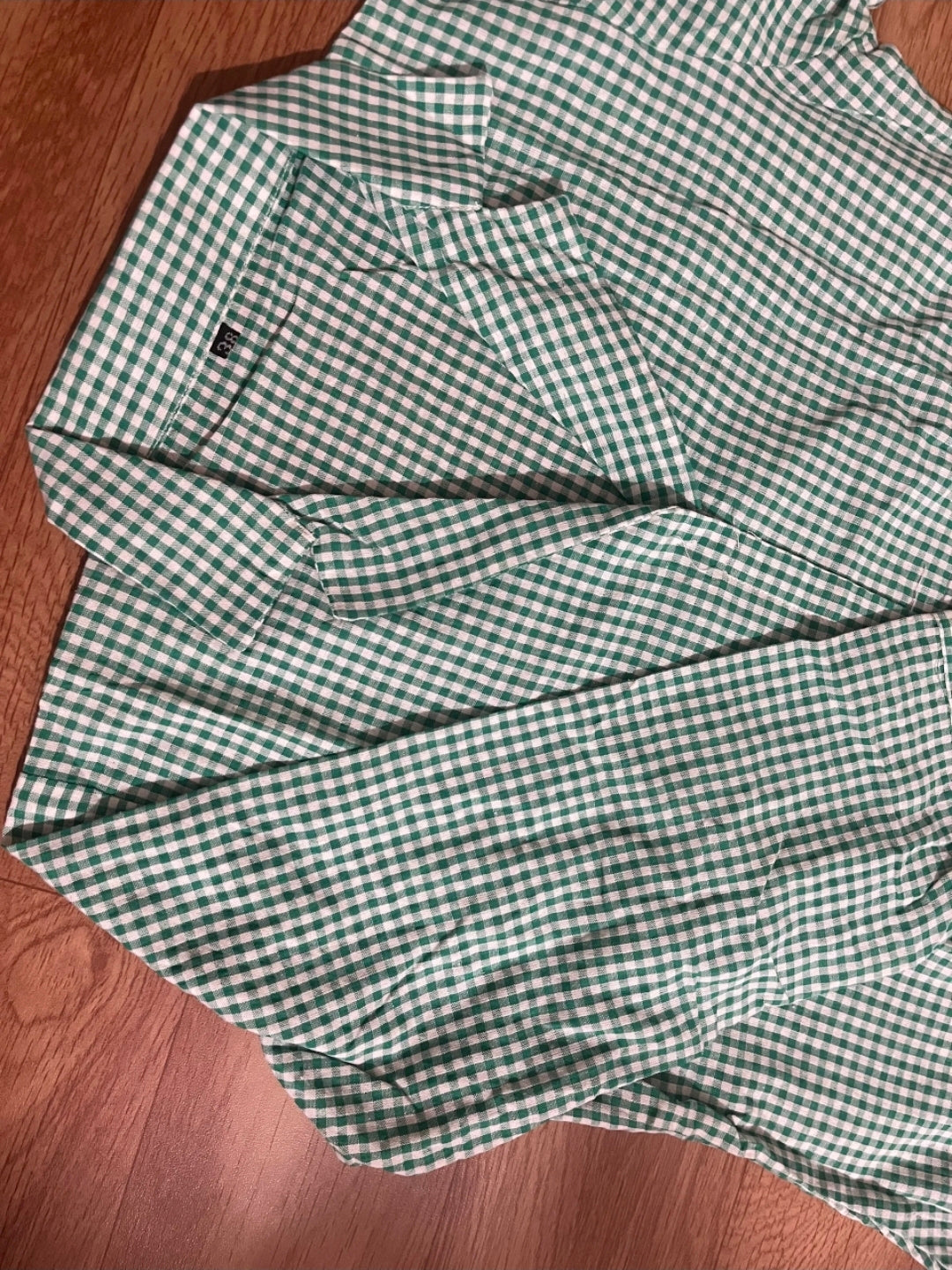 Green Gingham Cotton Dress with Shirt Collar & Floral Embroidered Hem