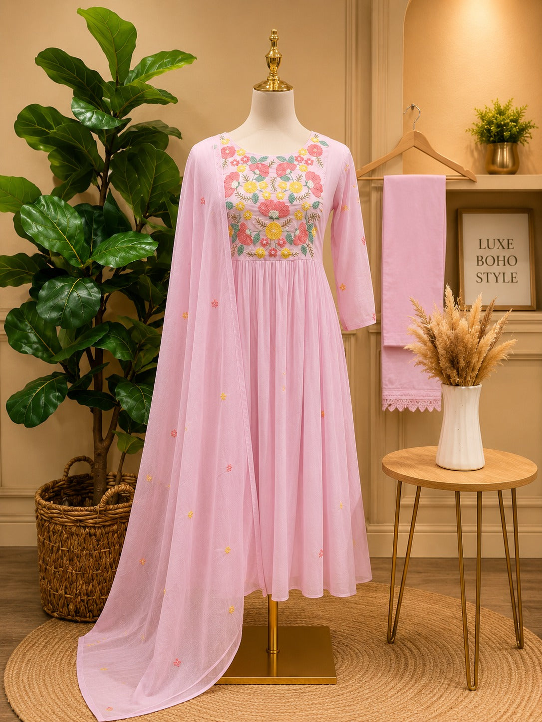 Blush Pink Floral Embroidered Mul Cotton Suit Set with Dupatta