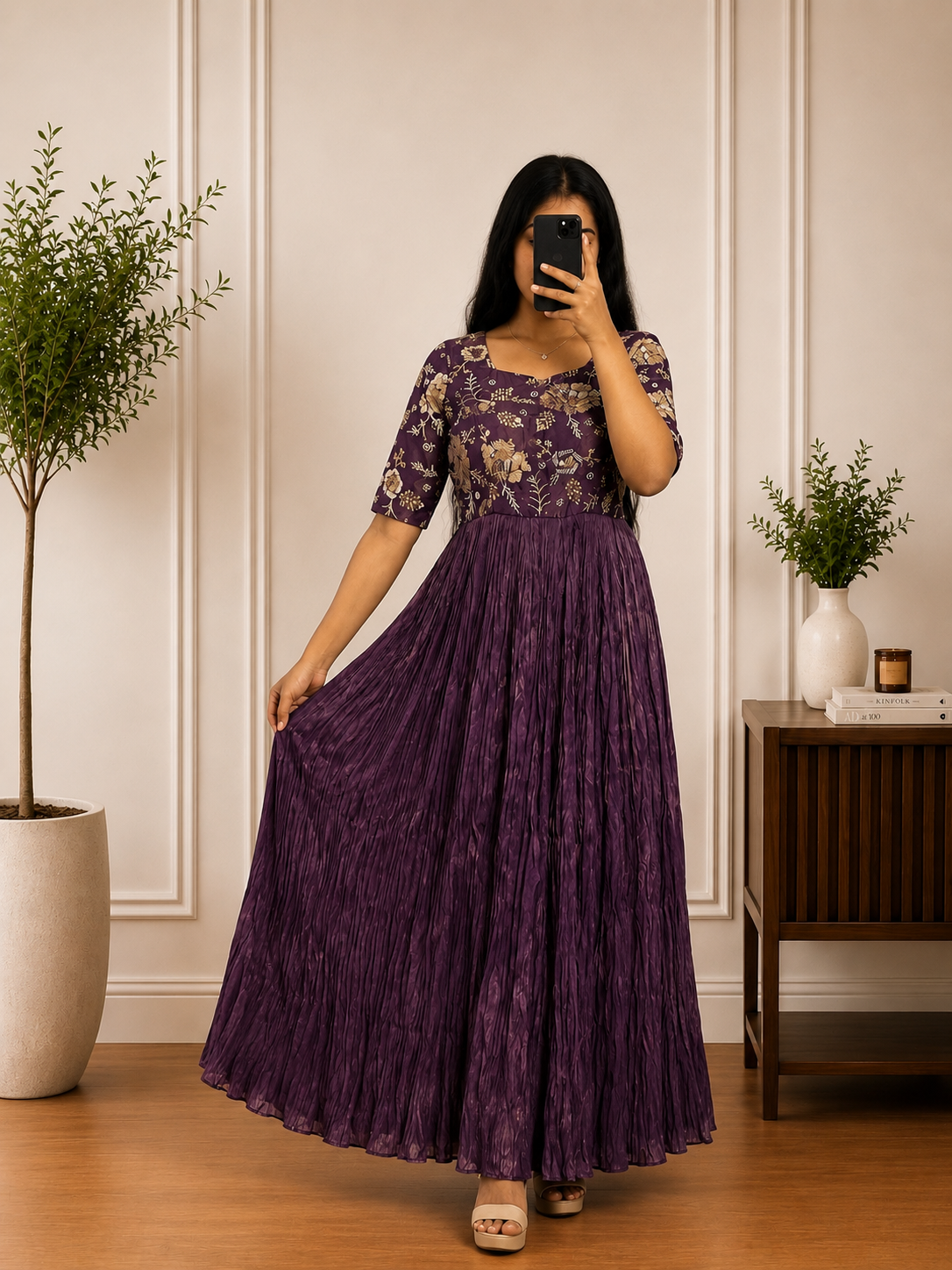 Boutique Stitched Purple with Sequin Embroidered Floral Iron Pleated Tissue Shimmer frock