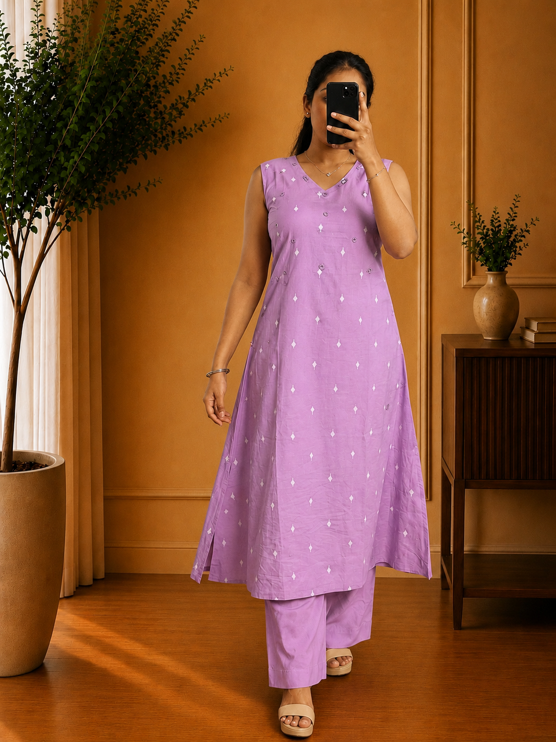 Purple Cotton Mirror Work Straight Kurta Set