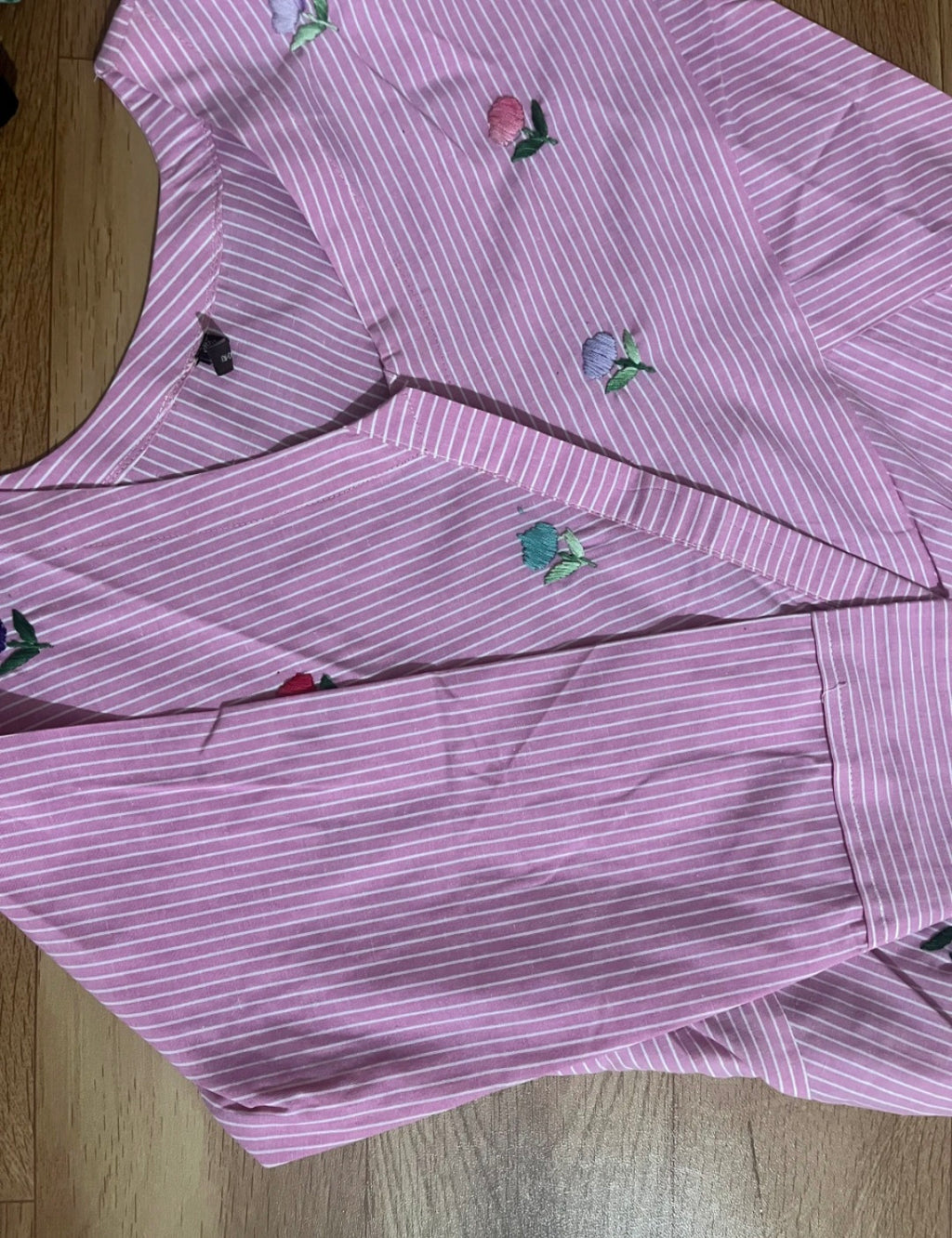 Blush Pink Striped Cotton Dress with Floral Embroidered Appliqué Details