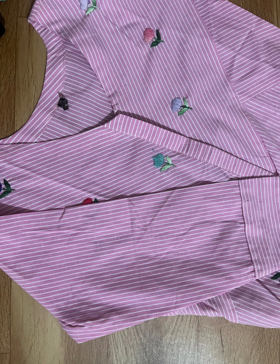 Blush Pink Striped Cotton Dress with Floral Embroidered Appliqué Details