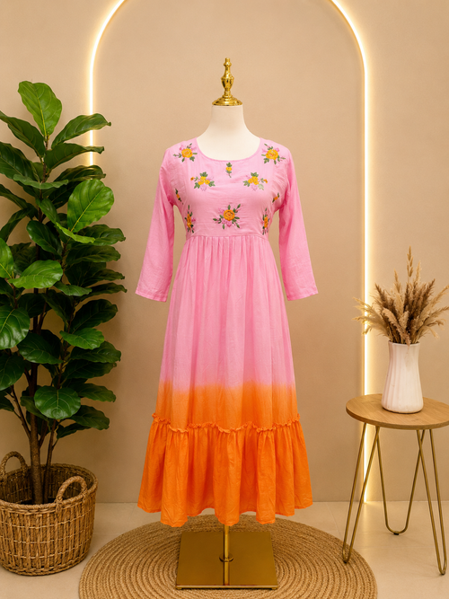 Blush Pink & Tangerine Ombre Cotton Maxi Dress 🌸🧡 – Aanya Clothing Deals USA