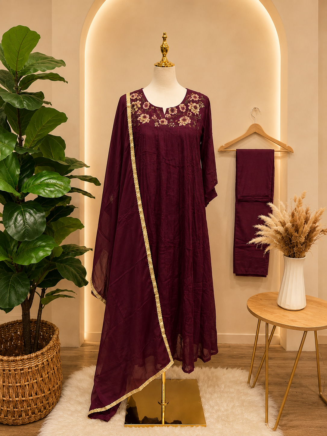 Elegant Burgundy Embroidered Kurta Set