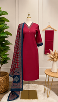 Ruby Red Cotton Suit Set with Contrast Navy Dupatta