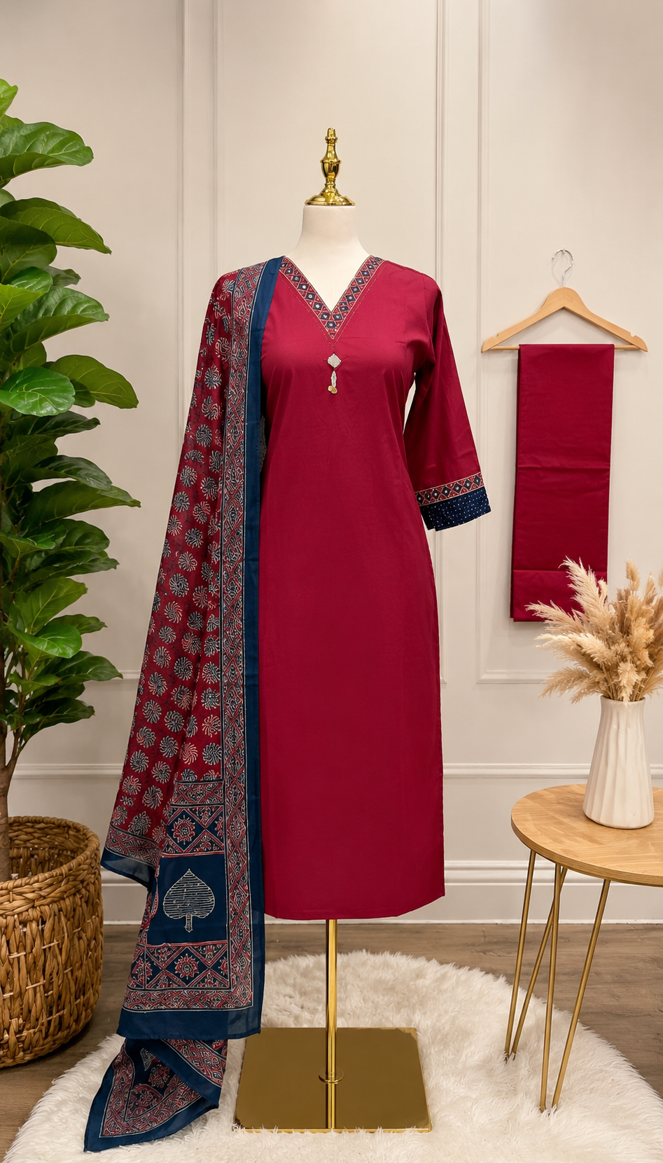 Ruby Red Cotton Suit Set with Contrast Navy Dupatta