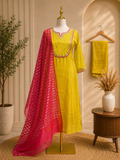 Sunshine Yellow Embellished Kurta Set with Stripped Tissue Duppata ✨