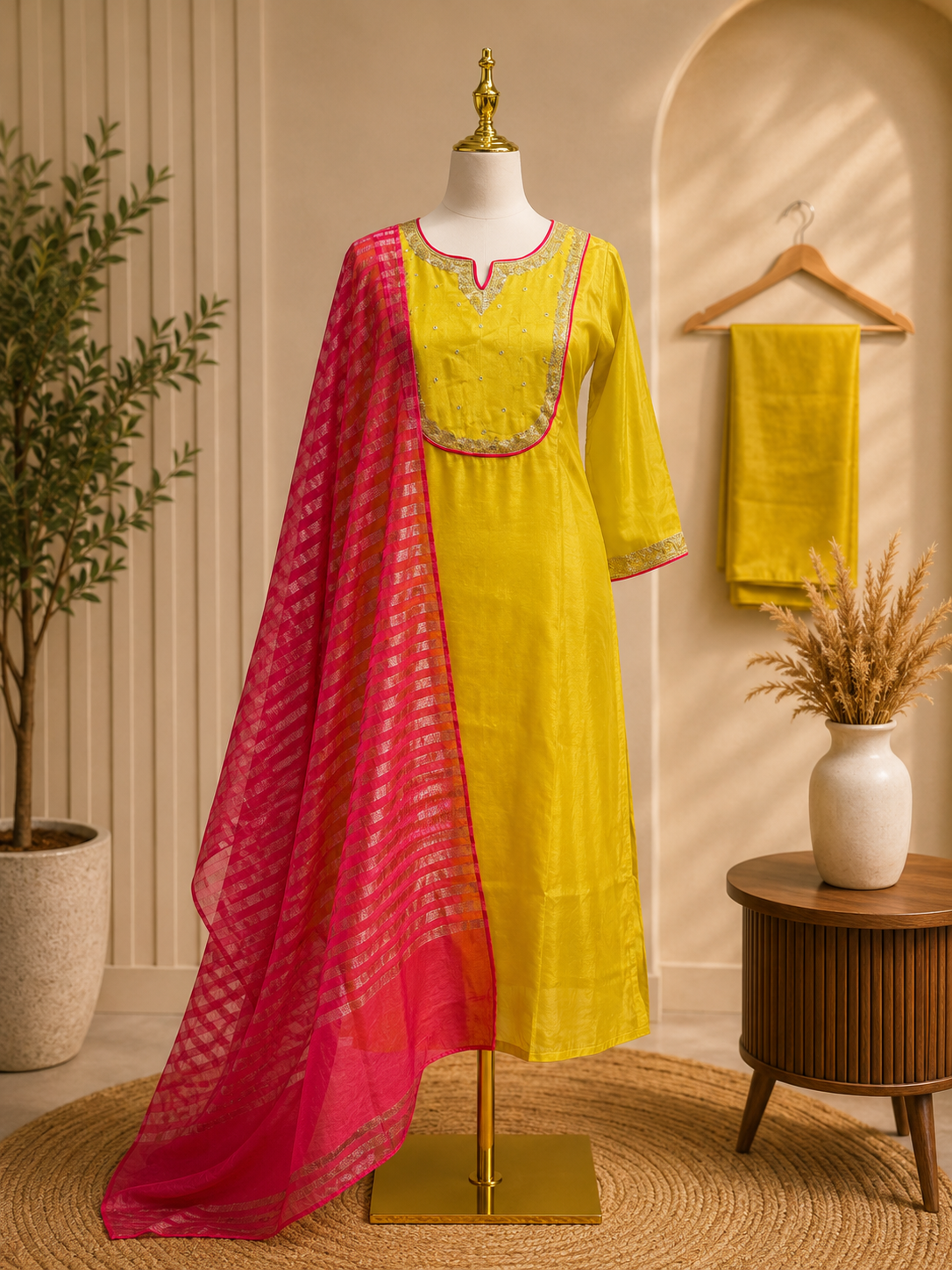 Sunshine Yellow Embellished Kurta Set with Stripped Tissue Duppata ✨