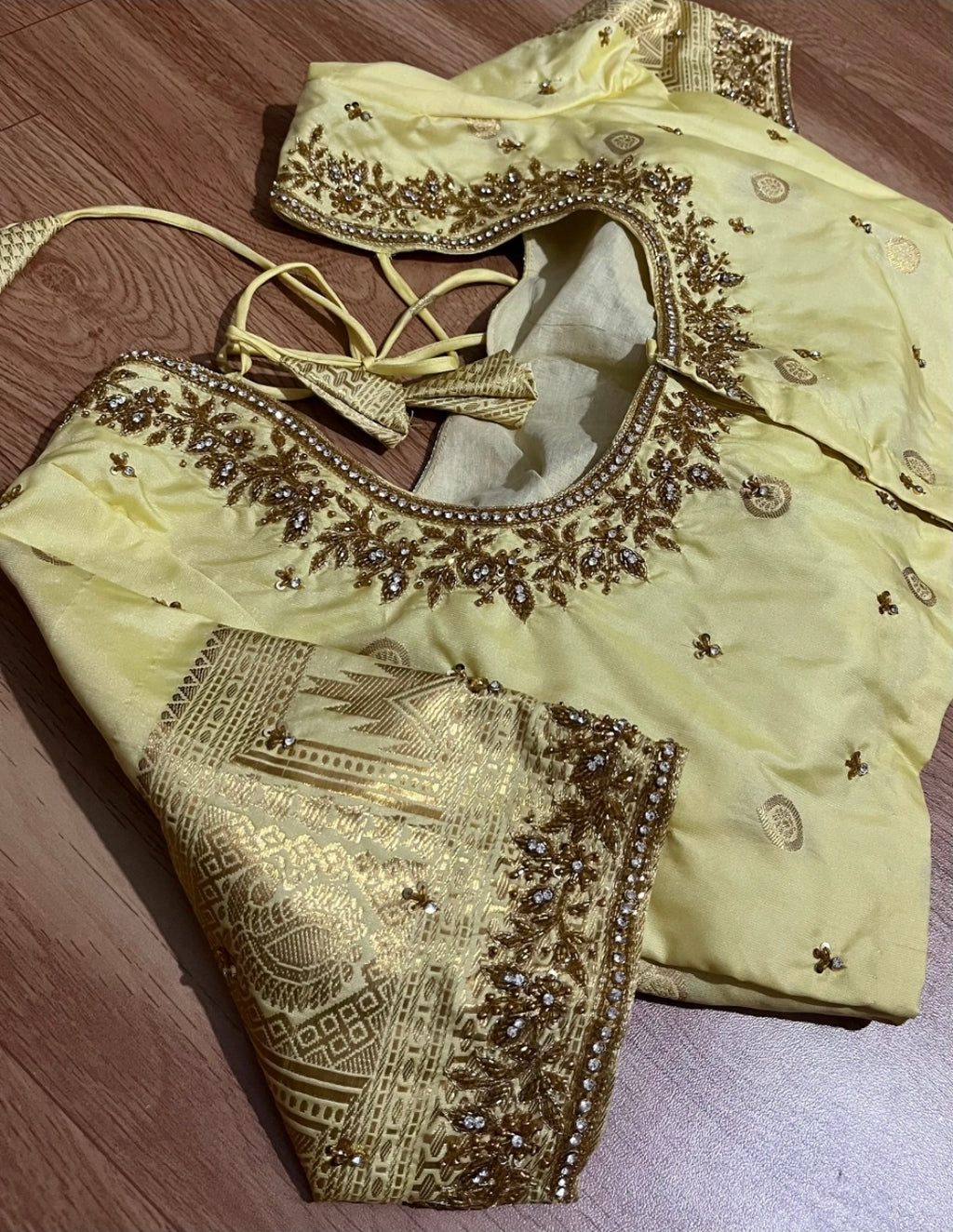 Gadwal Mustard Yellow & Golden Half Saree with Maggam Work Stitched Blouse